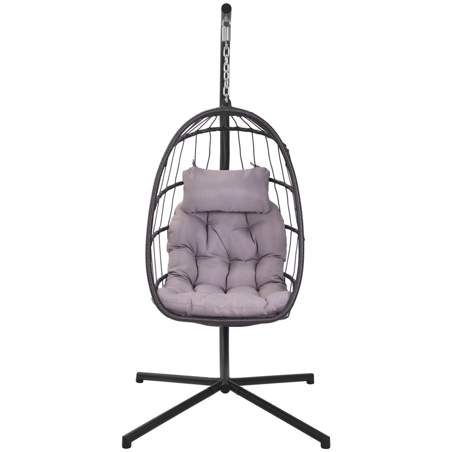 Outdoor Swinging Egg Chair, Patio Wicker Hanging Chairs with Stand, UV Resistant Hammock Chair with Comfortable Gray Cushion, Durable Indoor Swing Egg Chair for Garden, Backyard, 350lbs, L3958
