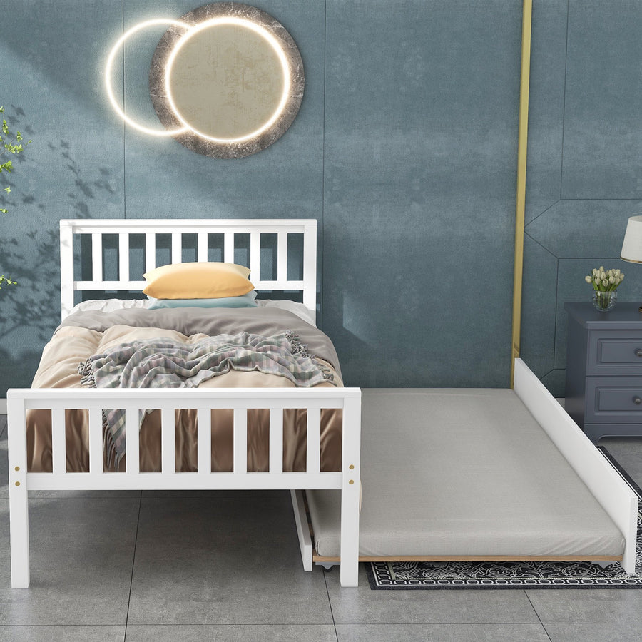 Twin Size Bed with Trundle, Twin Size Bed Frame for Girls Boys, SEGMART Wooden Twin Bed Frame with Headboard and Footboard/Wood Slat Support, Kids Twin Bed Frame No Box Spring Needed, White, H702