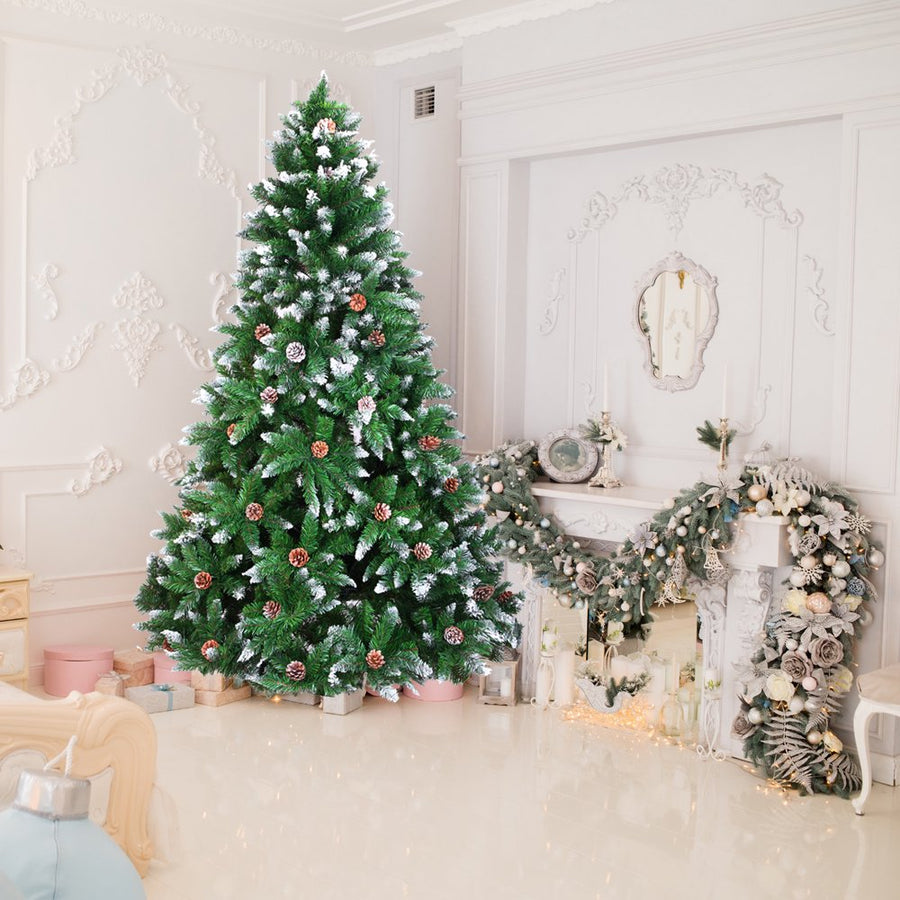 Christmas Trees Clearance, 7FT Flocked Christmas Tree with 1350 Tips, Pine Cones, Upgraded Artificial Snow Christmas Tree with Metal Stand, Indoor Christmas Decorations for Home, Festival, Party, L