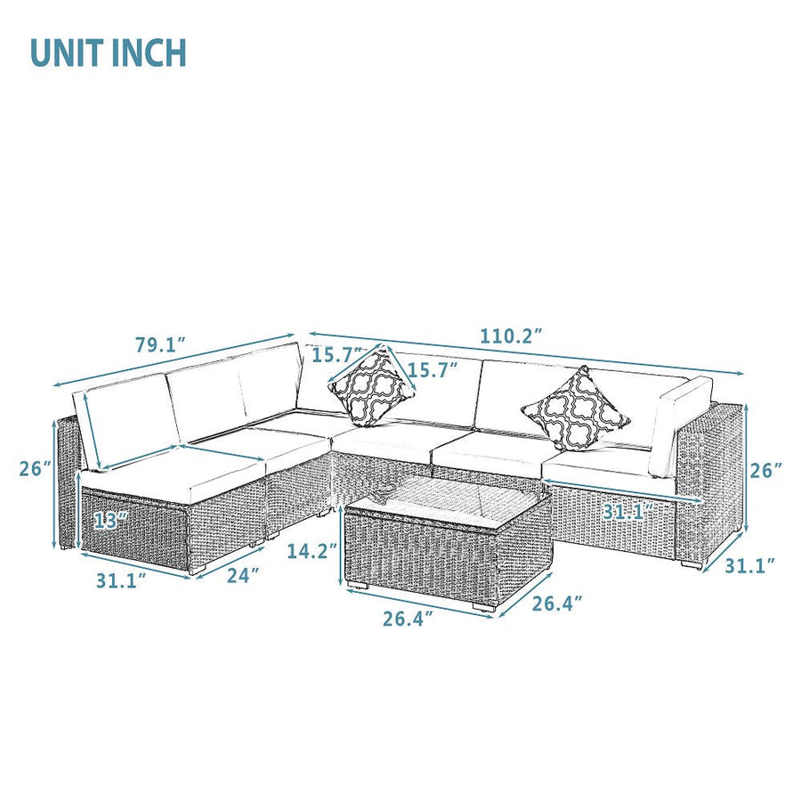 Clearance!Wicker Patio Sets, 7 Piece Patio Furniture Sofa Sets, 6 Rattan Wicker Chairs and Glass Table, All-Weather Patio Conversation Set with Cushions for Backyard, Porch, Garden, Poolside, L4481