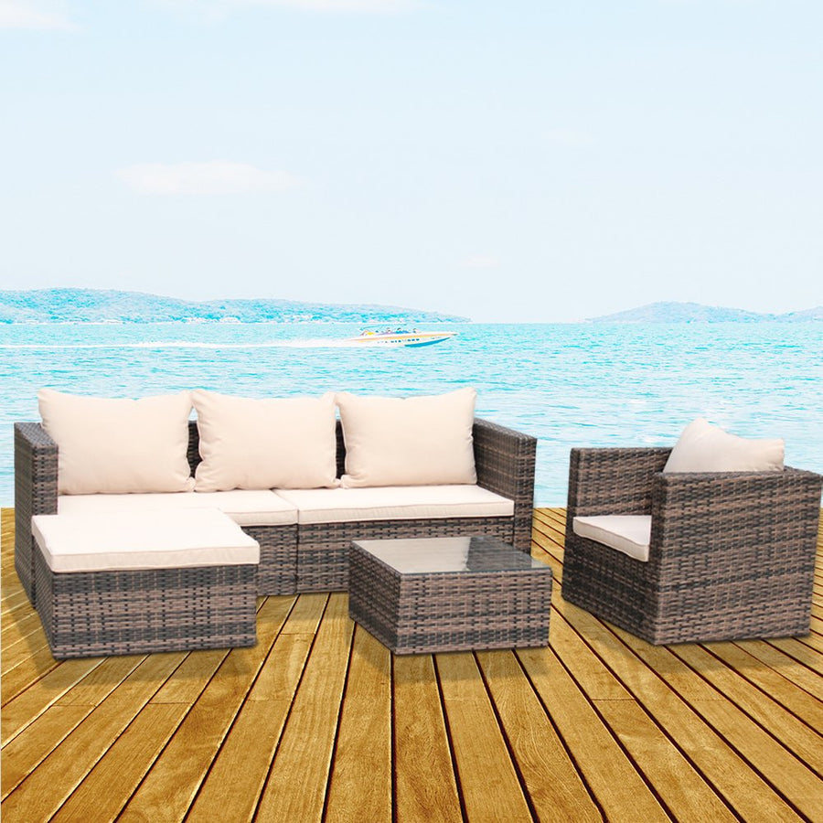 4 Piece Outdoor Patio Furniture Set with Wicker Chair, 3-Seat Sofa, Ottoman, Glass Table, All-Weather PE Rattan Patio Conversation Furniture Set for Backyard, Porch, Garden, Poolside, L4495