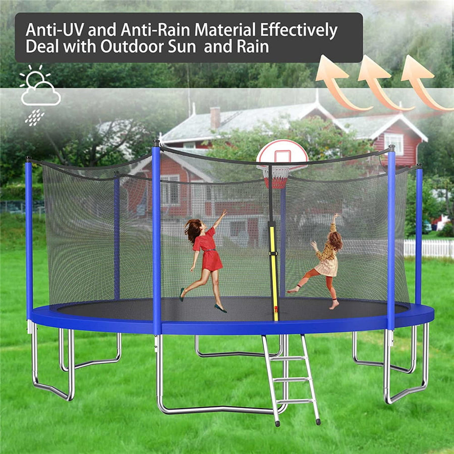 16FT Trampoline with Basketball Hoop, Blue Outdoor Trampolines Recreational Kids Trampoline with Enclosure Net Outdoor for 3-5 Kids, L