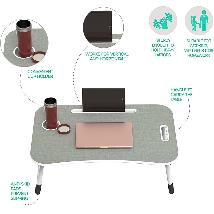 Fold Laptop Desk for Bed, Portable Laptop Bed Tray with Legs, Small Lazy Laptop Bed Tray with iPad Slots, Gray Laptop Table for Adults/Students/Kids, Eating Working Desk for Couch/Sofa/Floor, L