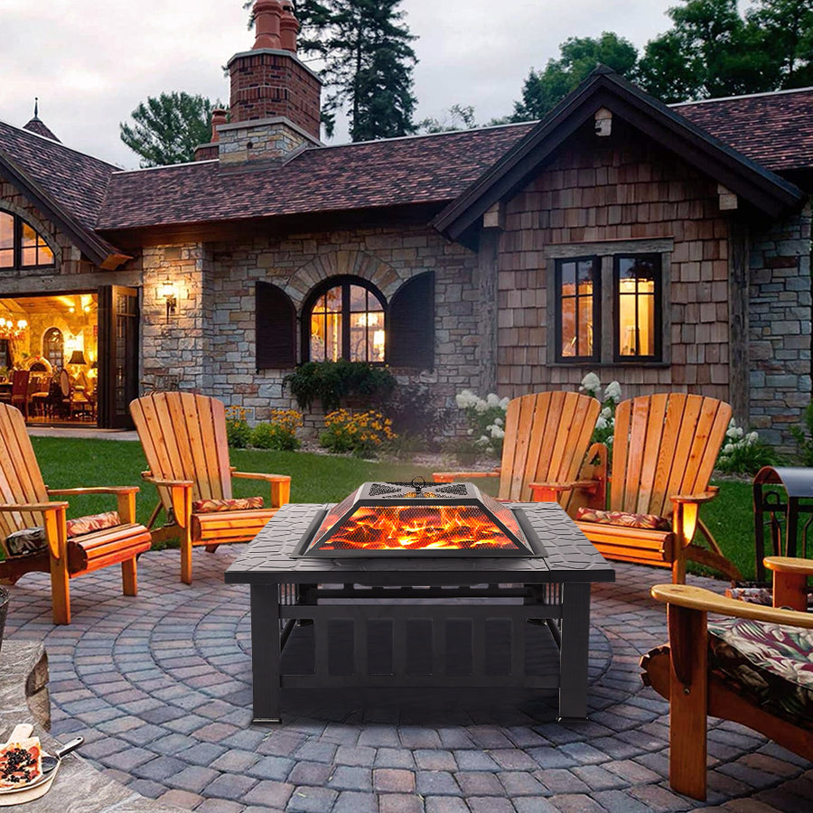 SEGMART Outdoor Fire Pit, 32" Square Metal Fire Pit Table with Waterproof Cover, Stove Wood Burning BBQ Grill Fire Pit Bowl, Spark Screen & Log Poker, Ideal for Yard Patio Beach Picnic Bonfire, K2724