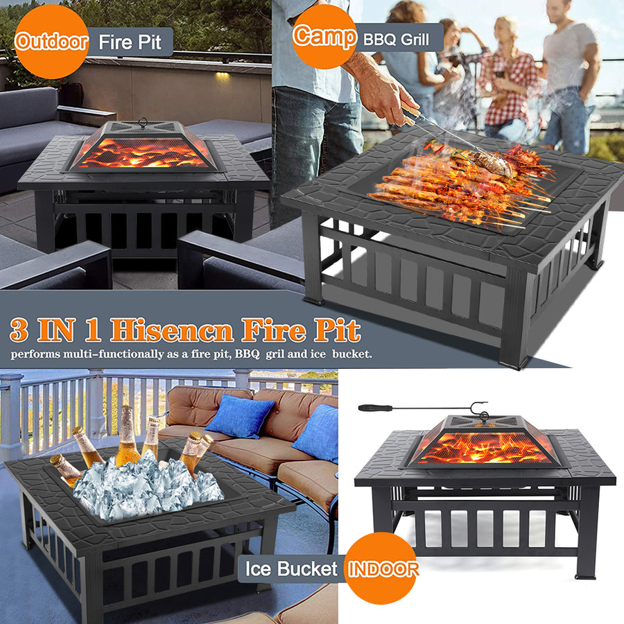 SEGMART Outdoor Fire Pit, 32" Square Metal Fire Pit Table with Waterproof Cover, Stove Wood Burning BBQ Grill Fire Pit Bowl, Spark Screen & Log Poker, Ideal for Yard Patio Beach Picnic Bonfire, K2724