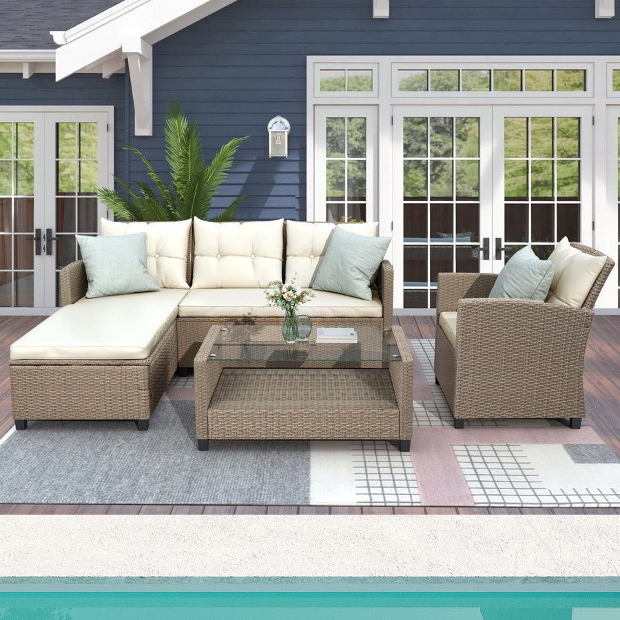 4 Piece Patio Furniture Set, All-Weather Outdoor Sectional Sofa Set, PE Rattan Conversation Set with Storage Box, Table & Cushions, Wicker Furniture Couch Set for Patio Deck Garden Poolside Yard, B862