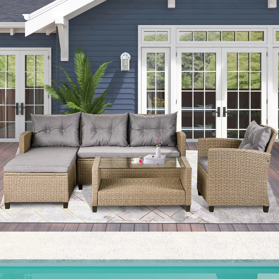 4 Piece Patio Furniture Set, All-Weather Outdoor Sectional Sofa Set, PE Rattan Conversation Set with Storage Box, Table & Cushions, Wicker Furniture Couch Set for Patio Deck Garden Poolside Yard, B862