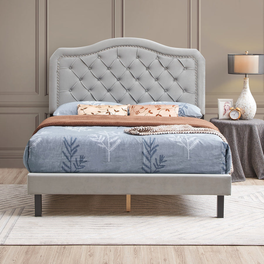 Bed Frame, Queen Size Velvet Tufted Upholstered Platform Bed with Headboard, 600lbs Capacity Bed Frame Furniture with Wood Slat Support, Modern Mattress Foundation for Adult, Grey, SS785