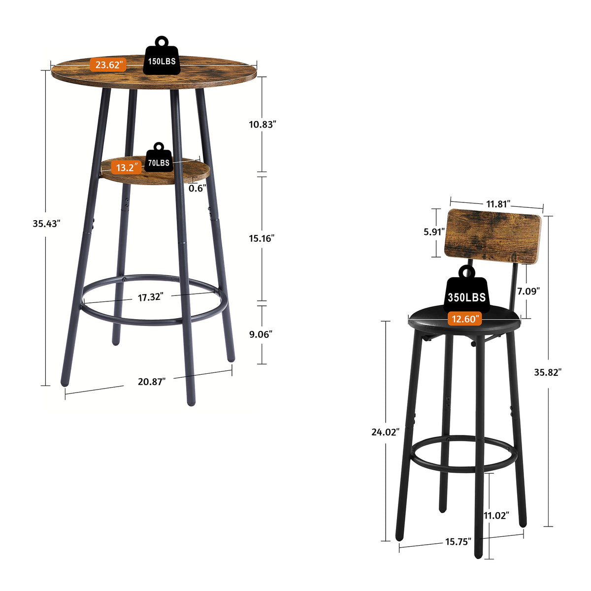 Counter Height Table Set of 3, Breakfast Bar Table and Stool Set