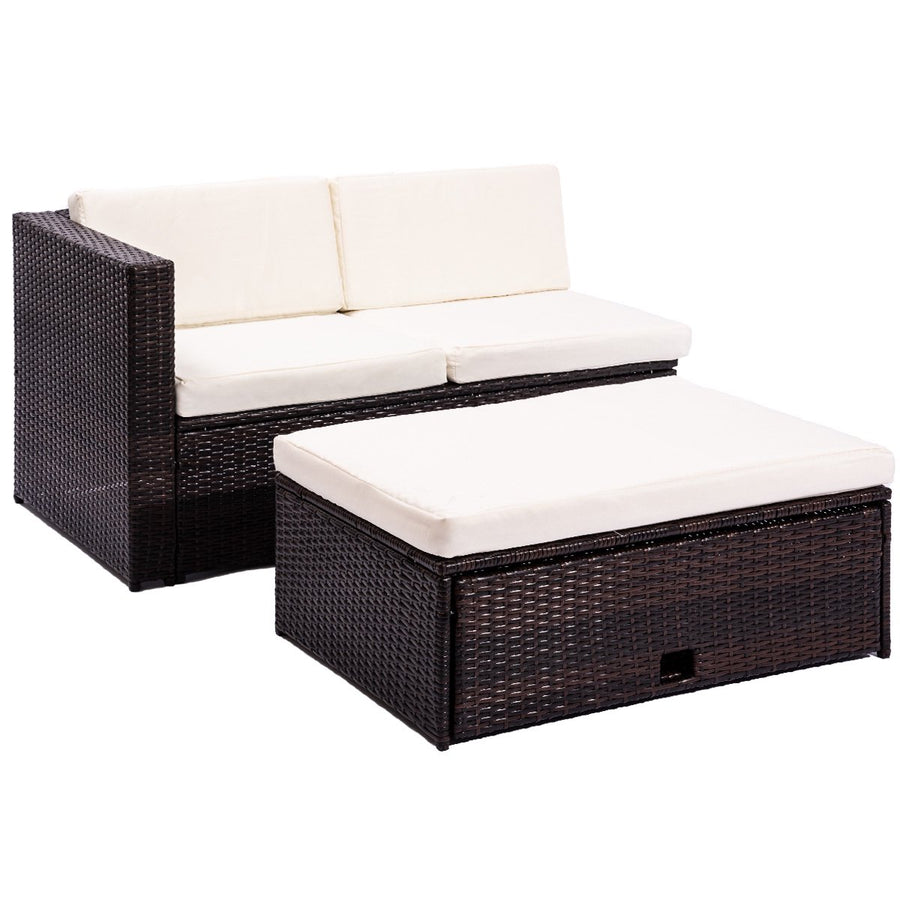 Outdoor Patio Conversation Furniture Sets, 4-Piece Wicker Patio Conversation Furniture Set w/2 Double-Seat Corner Sofas, Single Sofa, Glass Dining Table, Padded Cushions, 2 Pillows, S5590