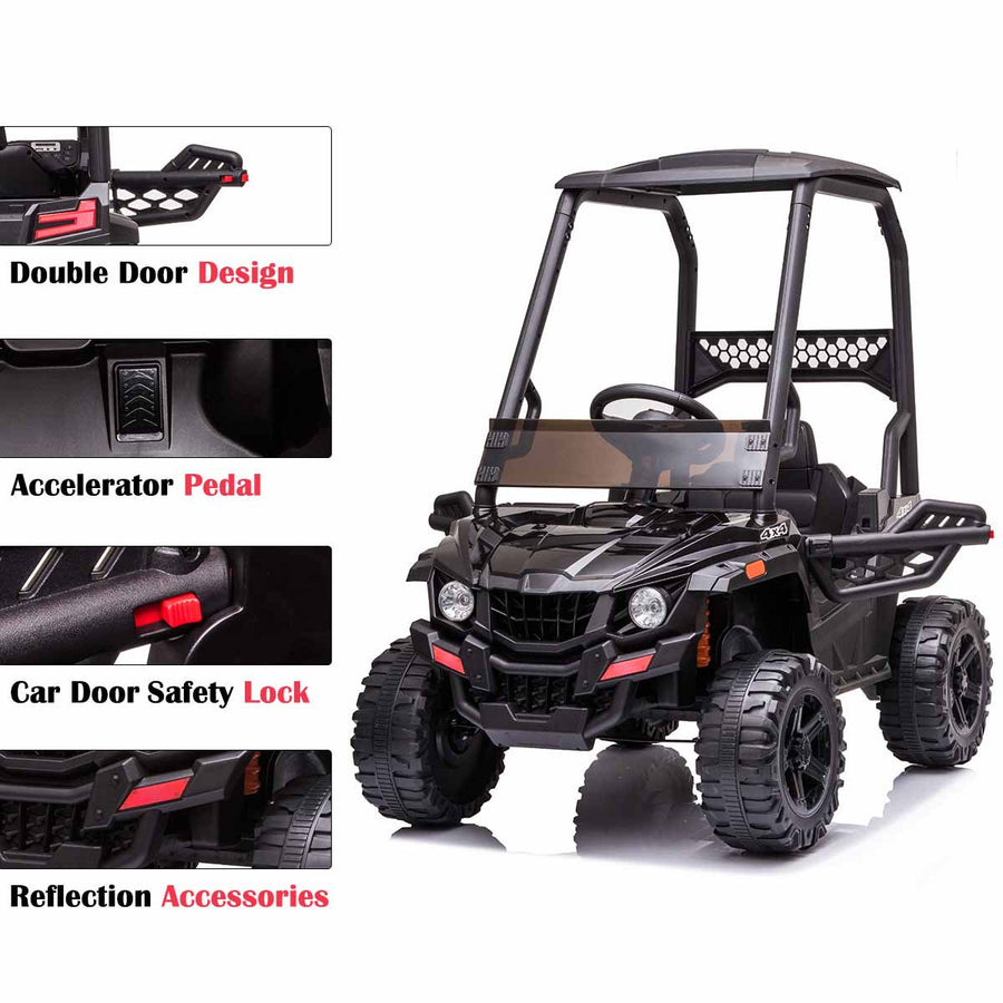 12V Ride on Toy with Remote Control, Kids Off-Road UTV Ride on Truck Car with High Roof, Black Electric Vehicles for Boys Girls, Suspension, 3 Speeds, LED Lights, MP3 Player, L