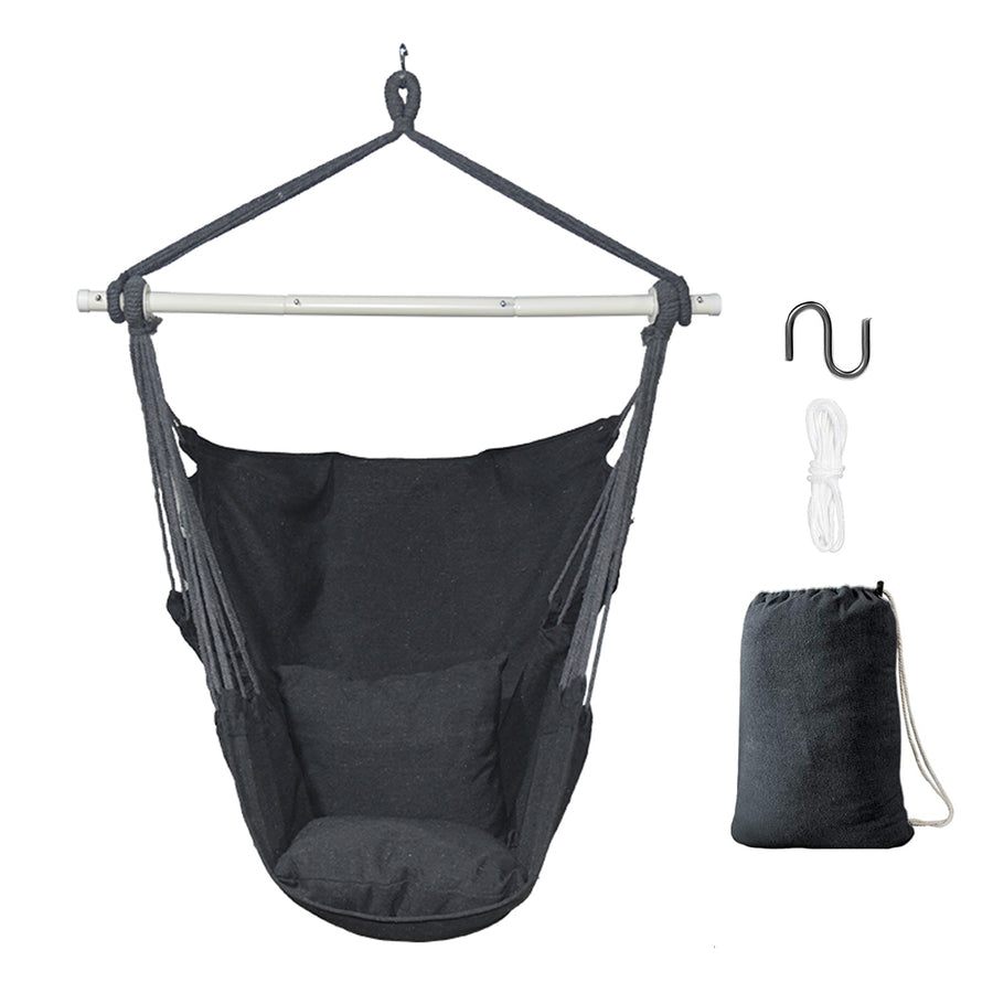 Macrame Hammock Chair Swing, Hanging Rope Swing for Patio, Porch, Bedroom, Backyard, Indoor or Tree, Hanging Rope Swing Seat with Detachable Metal Support Bar & 2 Cushions, Max. Weight 330 Lbs, B06