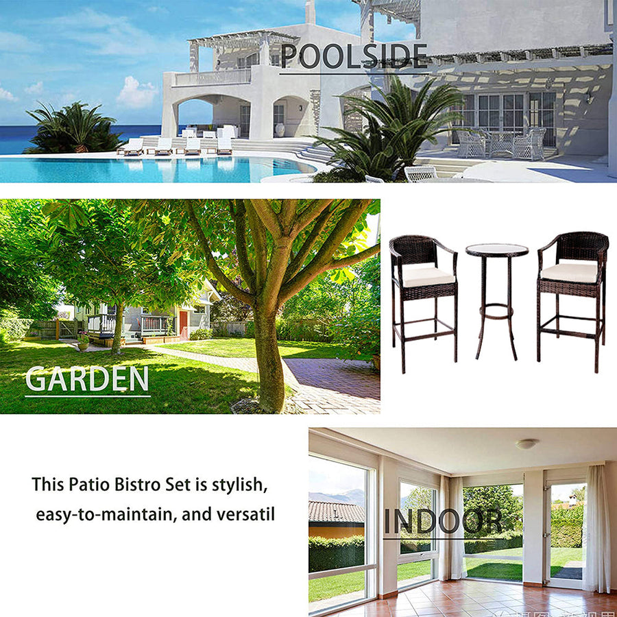 3 PCS Outdoor Patio Furniture Set, All-Weather Patio Dining Sets, PE Rattan Bar Height Table & Stool, Outdoor Bar Set with Cushion, High Bistro Set Dining Table Set, for Pool Patio Yard Balcony, K3937