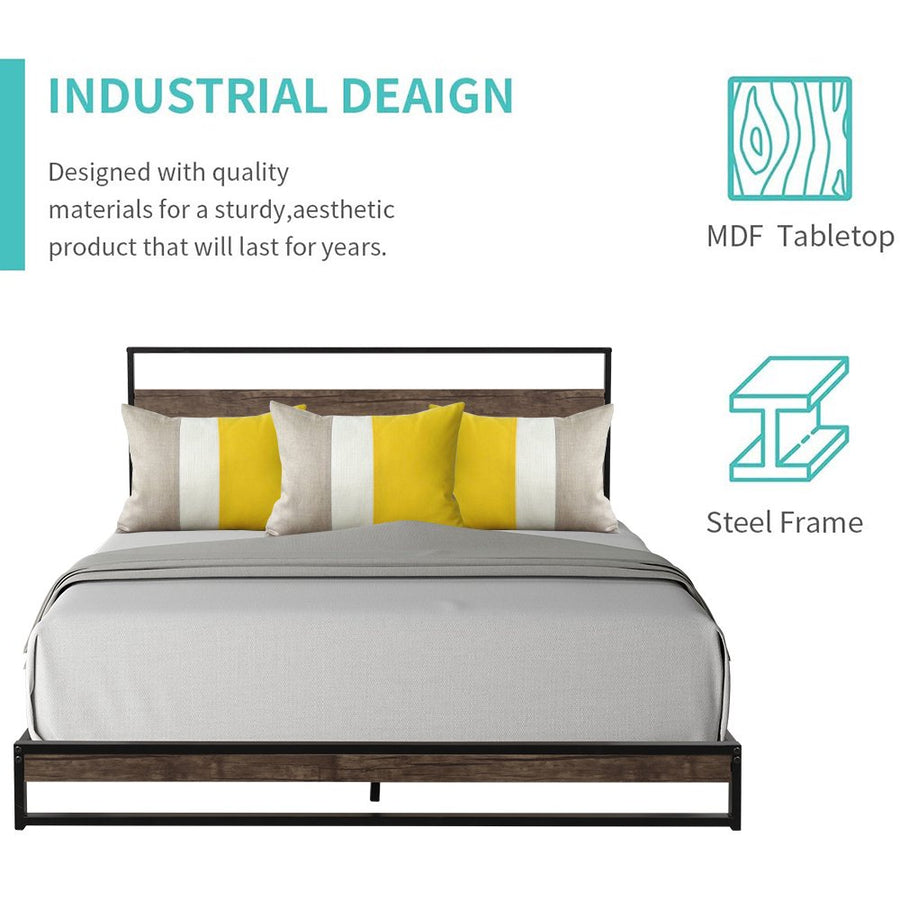 Queen Bed Frame with Headboard, SEGMART Metal Bed Frame with Wood Slat Support, Platform Bed Queen Size for Kids Adults Teens, Queen Bed Frame No Box Spring Needed, Mocha Wood, L
