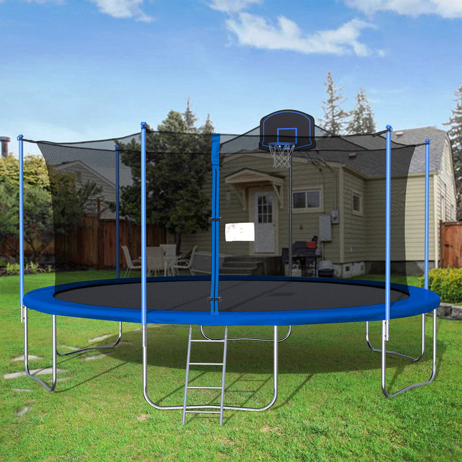 16FT Trampoline, Upgraded Outdoor Round Trampoline with Safety Enclosure, Basketball Hoop and Ladder, Outdoor Trampoline for Family School Entertainment, Heavy Duty Frame and Coiled Spring, B235