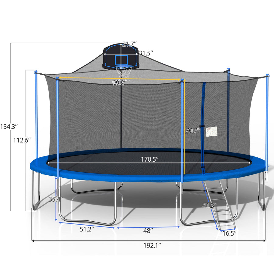 16FT Trampoline, Upgraded Outdoor Round Trampoline with Safety Enclosure, Basketball Hoop and Ladder, Outdoor Trampoline for Family School Entertainment, Heavy Duty Frame and Coiled Spring, B235