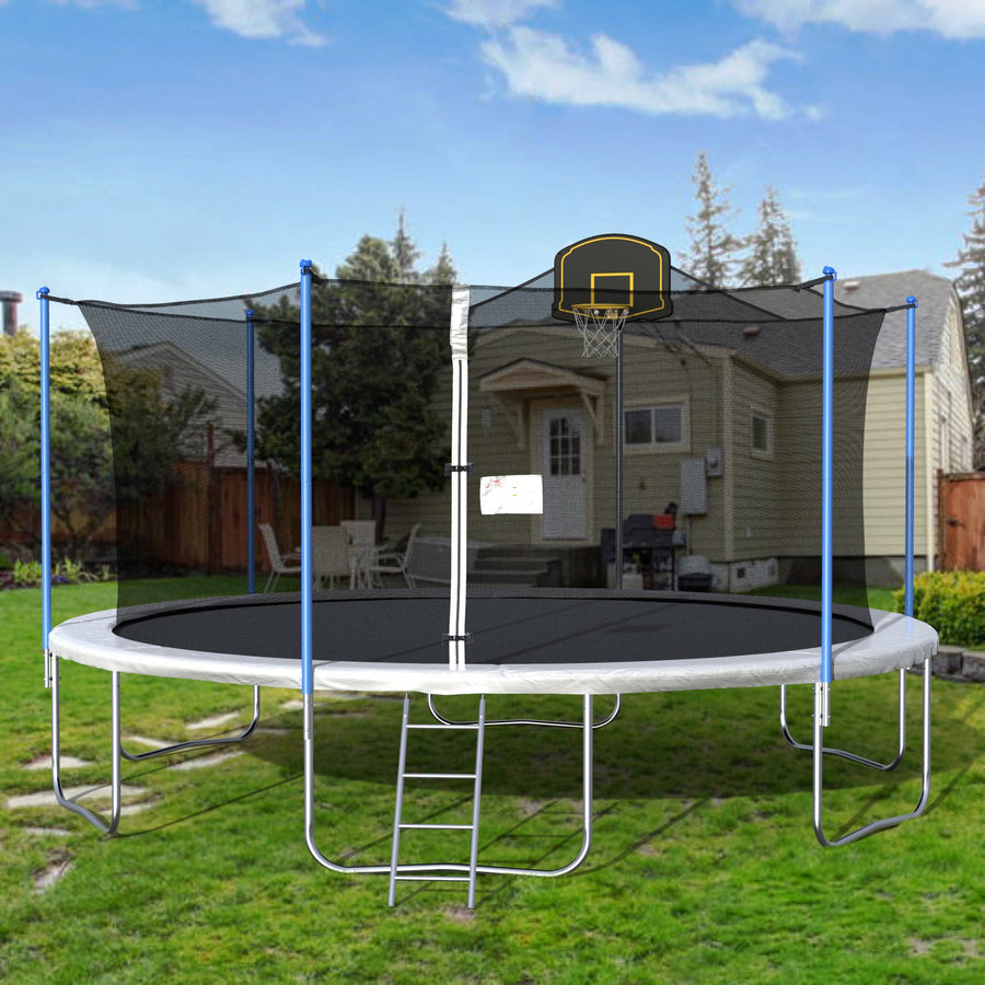 16FT Trampoline, Upgraded Outdoor Round Trampoline with Safety Enclosure, Basketball Hoop and Ladder, Outdoor Trampoline for Family School Entertainment, Heavy Duty Frame and Coiled Spring, B235