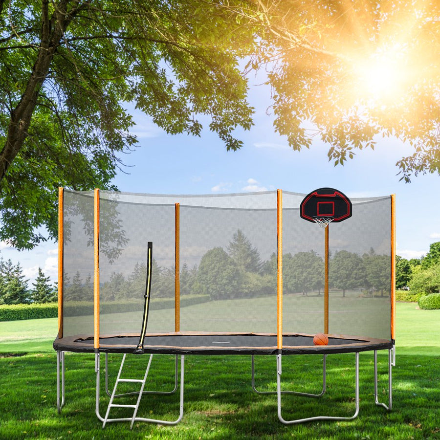 16FT Trampoline, Upgraded Outdoor Round Trampoline with Safety Enclosure, Basketball Hoop and Ladder, Outdoor Trampoline for Family School Entertainment, Heavy Duty Frame and Coiled Spring, B235