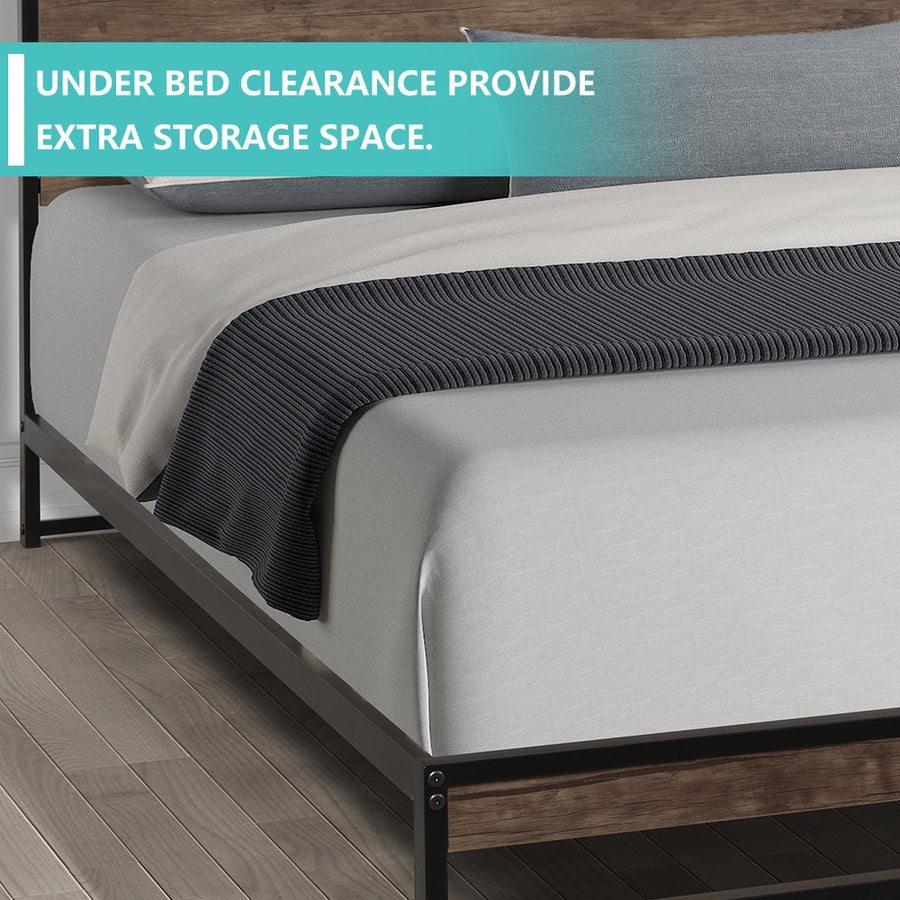 Queen Bed Frame with Headboard, SEGMART Metal Bed Frame with Wood Slat Support, Platform Bed Queen Size for Kids Adults Teens, Queen Bed Frame No Box Spring Needed, Mocha Wood, L
