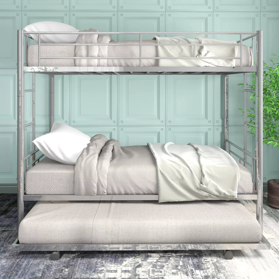 Twin Over Twin Bunk Bed with Trundle, Metal Twin Bed with Safety Guard Rail and Ladders, Space-Saving Design Sleeping Bedroom Bunk Bed for Boys, Girls, Kids, Young Teens and Adults, Easy Assembly, B20