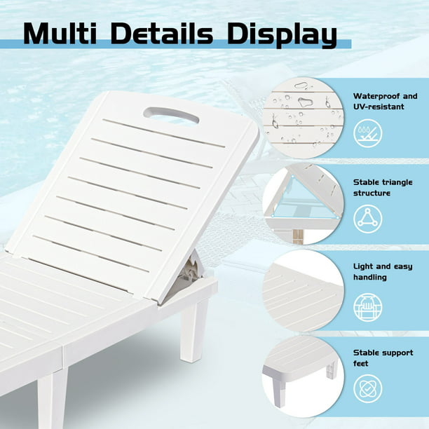 2 Pack Outdoor Lounge Chairs, SEGMART Patio Chaise Lounge for Tanning, Pool Sun Loungers Recliner Set of 2 with Adjustable Backrest(5 Positions) | Side Table | Max Weight Capacity 330 lbs, White