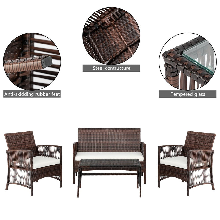 Wicker Chair Set, Upgrade Outdoor Patio Furniture Set, 4 Piece Wicker Patio Set with Coffee Table, Loveseat & 2 Cushioned Chairs, Brown Conversation Set with Coffee Table for Yard, Porch, Pool, L