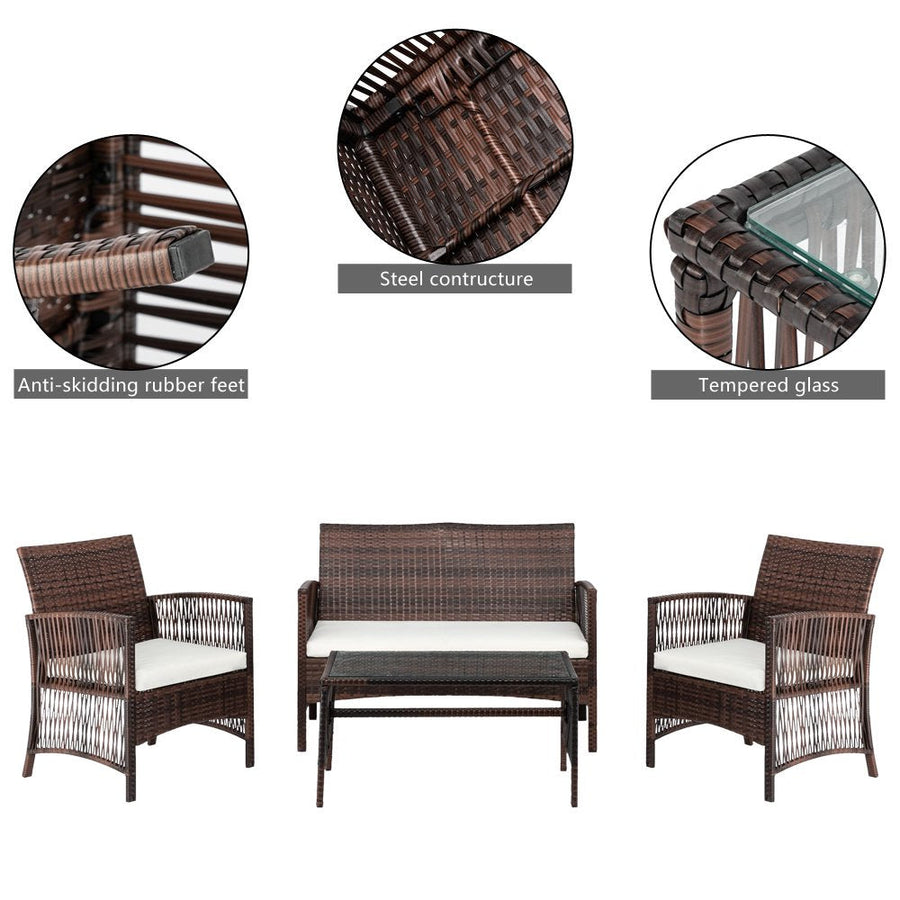 Wicker Patio Sets, 4 Piece Outdoor Conversation Set with Glass Dining Table, Loveseat & 2 Cushioned Chairs, Brown Patio Furniture Sets with Coffee Table for Yard, Porch, Garden, Poolside, L