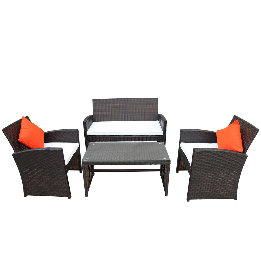 Wicker Patio Sets on Clearance, 4 Piece Outdoor Conversation Set With Glass Dining Table, Loveseat & Cushioned Wicker Chairs, Modern, for Yard, Porch, Garden, Pool, L4619
