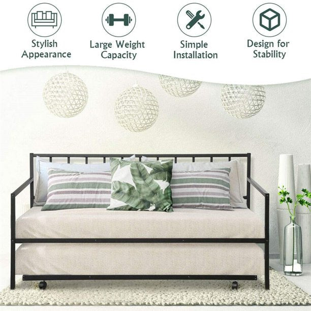Twin Metal Trundle Bed Frame, SEGMART Twin Trundle Beds with Trundle Included, Daybed & Trundle with Metal Slat Support, Twin Daybed for Adults Kids Teens, Bed Frame No Box Spring Needed, Black