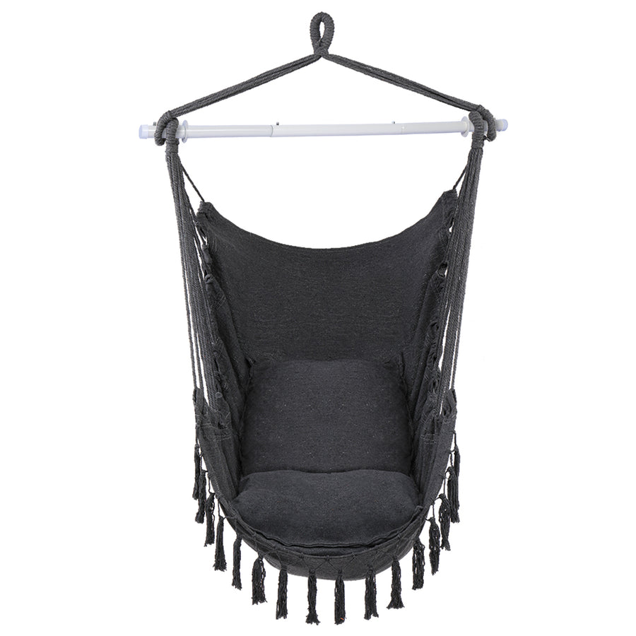 Macrame Hammock Chair Swing, Hanging Rope Swing for Patio, Porch, Bedroom, Backyard, Indoor or Tree, Hanging Rope Swing Seat with Detachable Metal Support Bar & 2 Cushions, Max. Weight 330 Lbs, B06