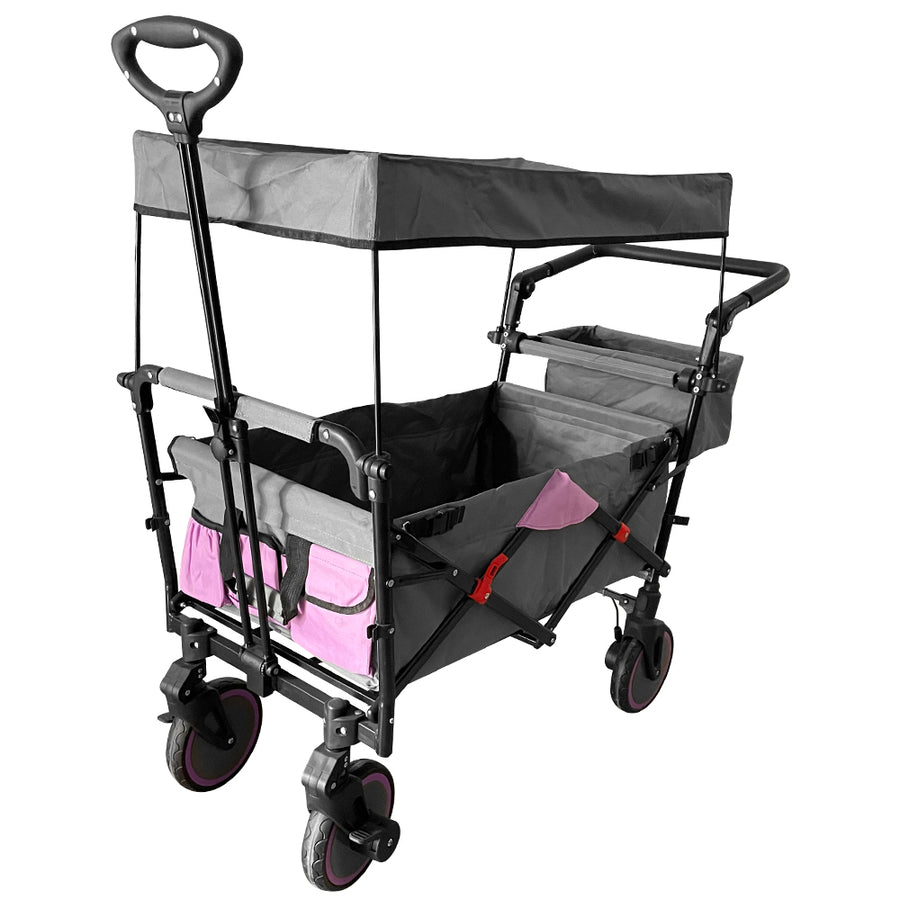 Outdoor Folding Utility Wagon with Removable Canopy, Collapsible Beach Wagon Cart with 360 Rotating Front Wheels and Drink Holders, Portable Garden Cart for Camping, Picnic, Beach, TR44