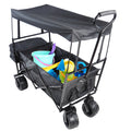 Outdoor Collapsible Wagon Cart, Utility Garden Wagon for Beach, Groceries, Sand, Garden, Camping w/ Removable Canopy and Cup Holders, 600D PVC Fabric, B714