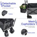 Outdoor Collapsible Wagon Cart, Utility Garden Wagon for Beach, Groceries, Sand, Garden, Camping w/ Removable Canopy and Cup Holders, 600D PVC Fabric, B714