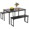 Black Modern 3-Pieces Dining Room Table with Two Benches, 3 Pieces Farmhouse Kitchen Table Set with Metal Frame and MDF Board, Small Dining Table Furniture Set for Home, Cafeteria, LL328
