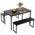 Black Modern 3-Pieces Dining Room Table with Two Benches, 3 Pieces Farmhouse Kitchen Table Set with Metal Frame and MDF Board, Small Dining Table Furniture Set for Home, Cafeteria, LL328
