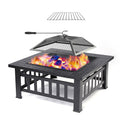 Multifunctional Fire Pit Table, 32'' Fireplace Heater/BBQ/Ice Pit, Square Metal Fire Pit Stove with Waterproof Cover, Screen Lid and Log Poker for Backyard Garden Camping Picnic Bonfire, K1207