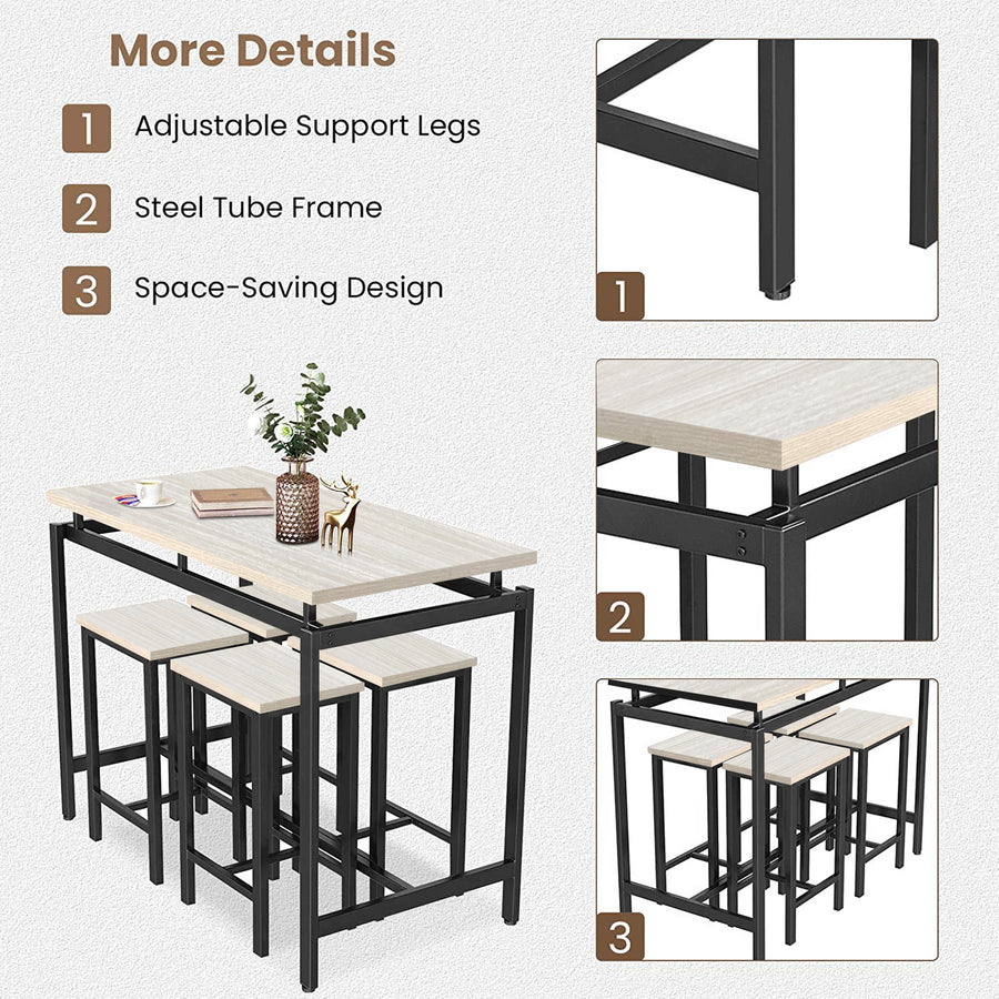 5 Piece Bar Table Set, Kitchen Counter Height Table with 4 Stools, Space Saving Pub Table Set for 4 Person with Metal Frame, Wood Dining Table & Chair Set for Breakfast Nook Pub Bistro
