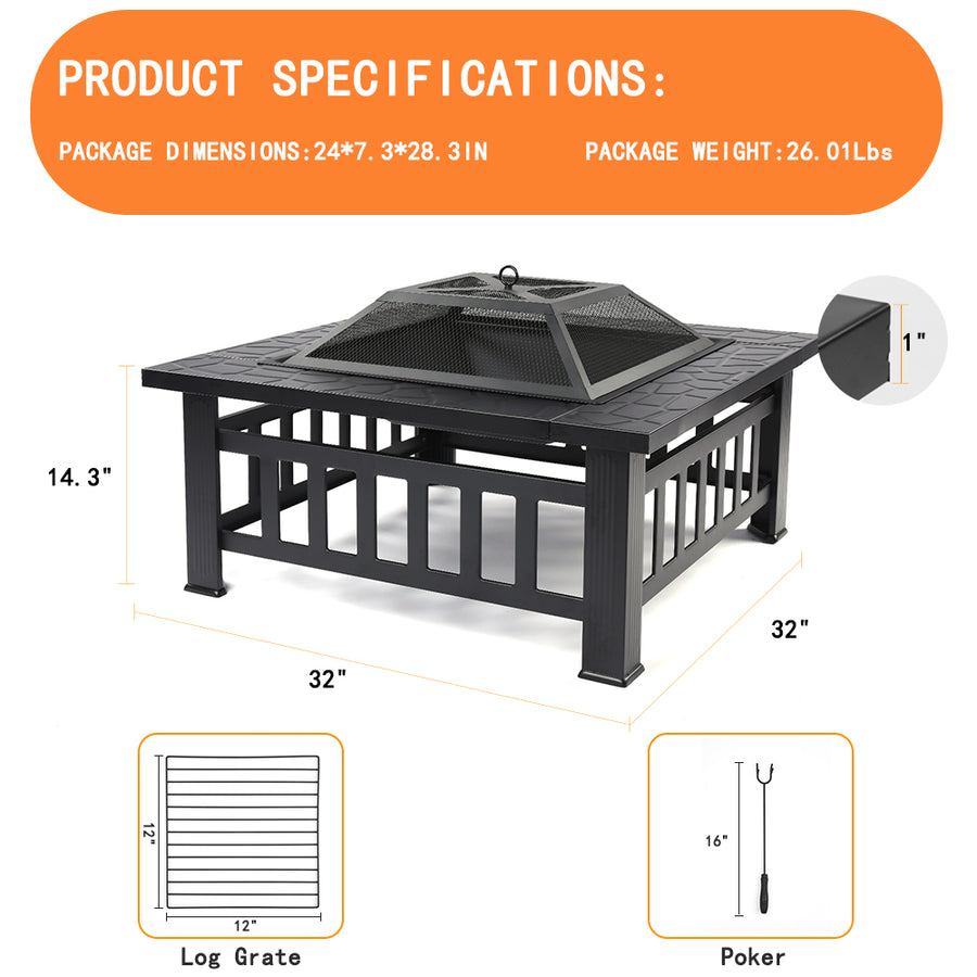 SEGMART Outdoor Fire Pit, 32" Square Metal Fire Pit Table with Waterproof Cover, Stove Wood Burning BBQ Grill Fire Pit Bowl, Spark Screen & Log Poker, Ideal for Yard Patio Beach Picnic Bonfire, K2724