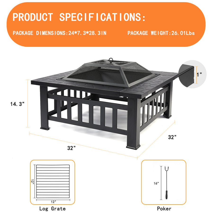 Outdoor Fire Pit, 32" Square Metal Fire Pit Table with Waterproof Cover, Stove Wood Burning BBQ Grill Fire Pit Bowl, Spark Screen & Log Poker, Ideal for Backyard Patio Beach Picnic Bonfire, K2723