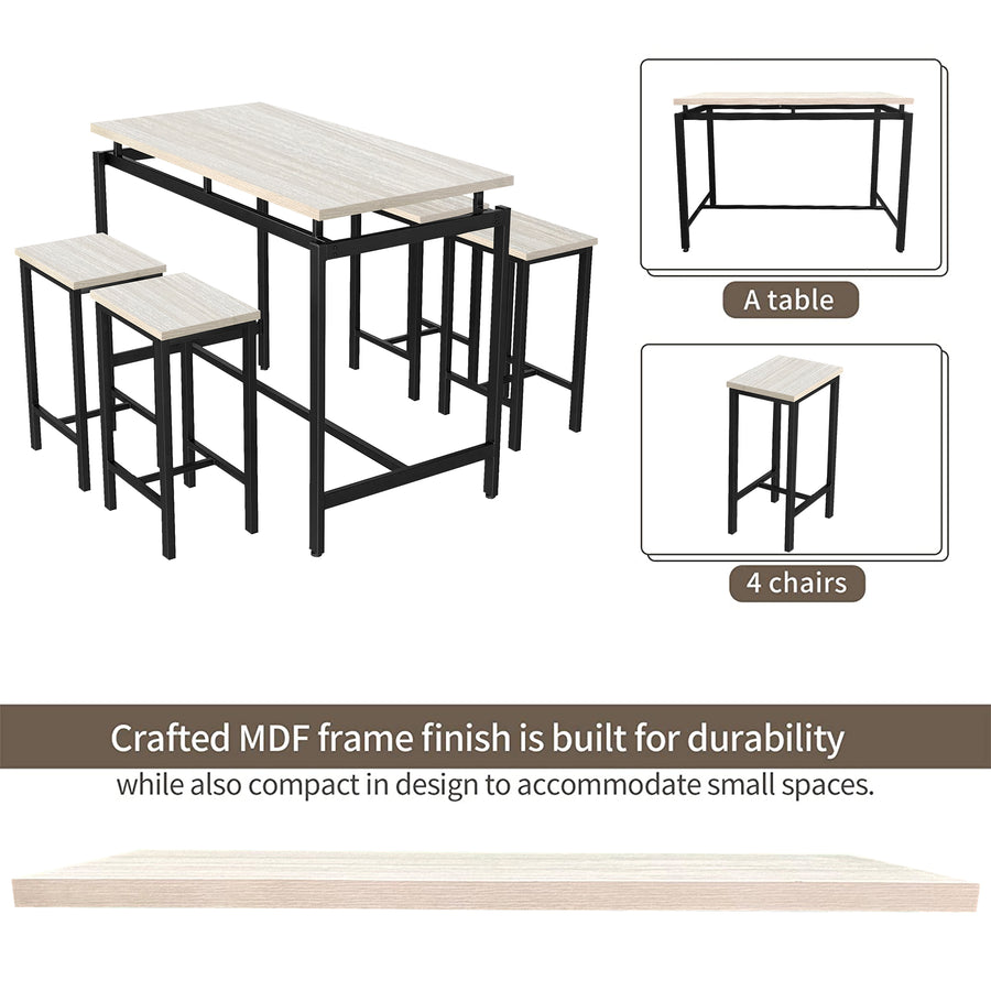 5 Piece Bar Table Set, Kitchen Counter Height Table with 4 Stools, Space Saving Pub Table Set for 4 Person with Metal Frame, Wood Dining Table & Chair Set for Breakfast Nook Pub Bistro