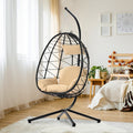 Wicker Egg Hanging Chair, Indoor Outdoor Swing Egg Chair with Stand, Cushion & Pillow, Hammock Chair Swing with Stand, Hanging Lounge Chair for Patio Backyard Balcony Garden Bedroom, K3057