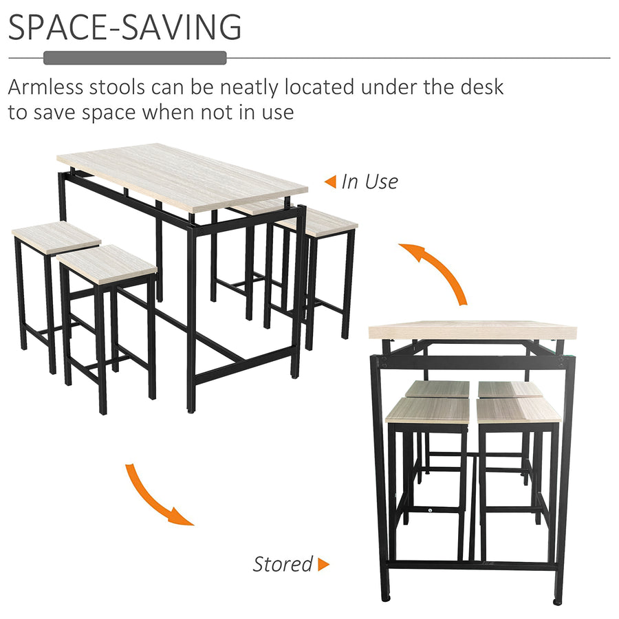 5 Piece Bar Table Set, Kitchen Counter Height Table with 4 Stools, Space Saving Pub Table Set for 4 Person with Metal Frame, Wood Dining Table & Chair Set for Breakfast Nook Pub Bistro