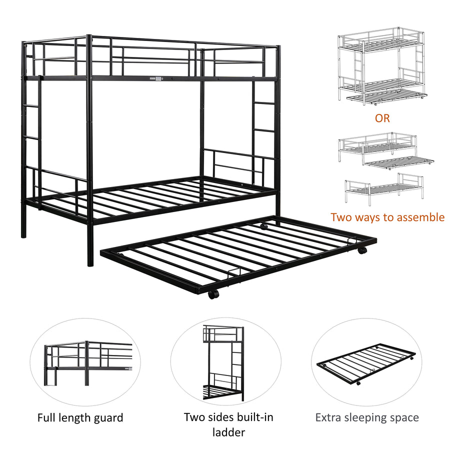 Bunkbed with Roll Out Trundle Bed Frame, Metal Bunk Bed Can Be Divided Into Two Twin Beds, Trundle Twin Bunk Bed with Ladders and Guardrails for Guest Room, Space Saving Bedroom Furniture, B21