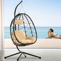 Wicker Egg Hanging Chair, Indoor Outdoor Swing Egg Chair with Stand, Cushion & Pillow, Hammock Chair Swing with Stand, Hanging Lounge Chair for Patio Backyard Balcony Garden Bedroom, K3057