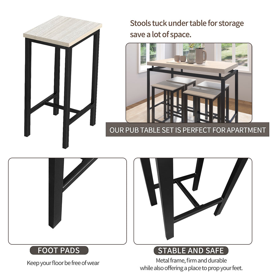 5 Piece Bar Table Set, Kitchen Counter Height Table with 4 Stools, Space Saving Pub Table Set for 4 Person with Metal Frame, Wood Dining Table & Chair Set for Breakfast Nook Pub Bistro