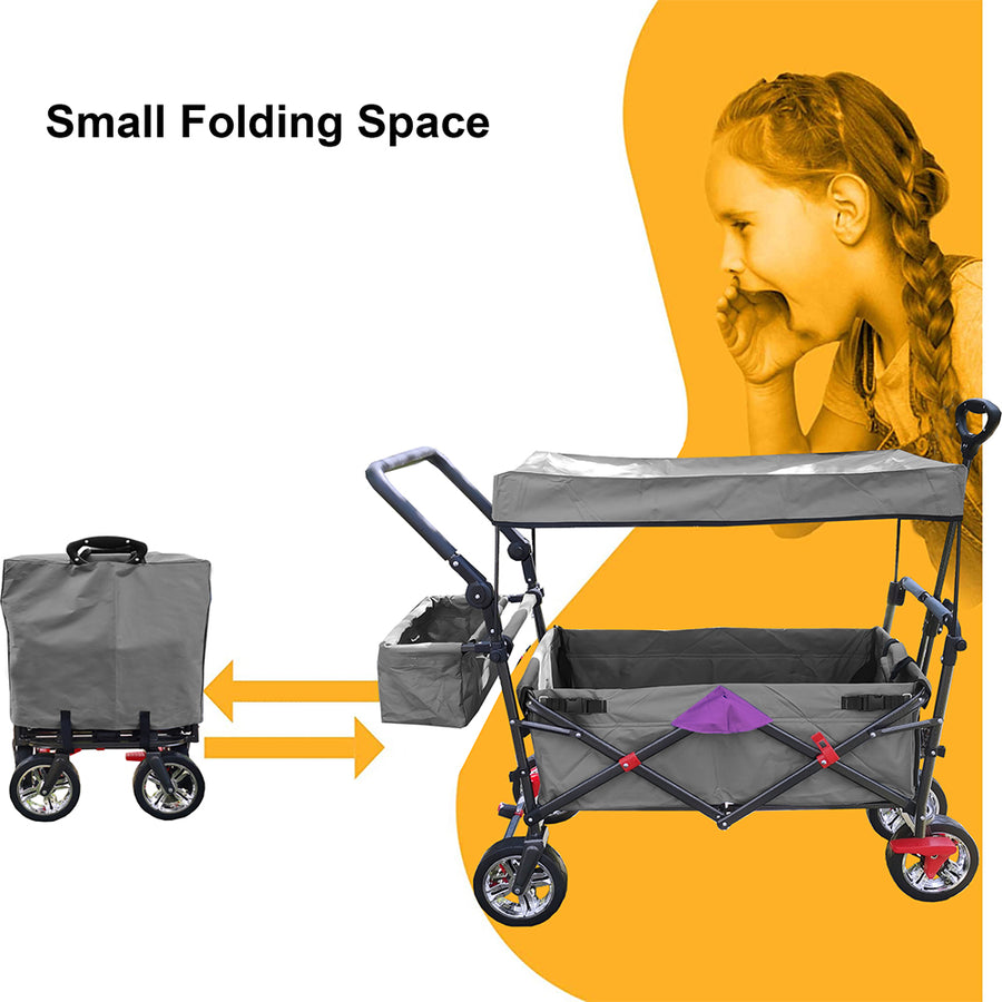 Outdoor Folding Utility Wagon with Removable Canopy, Collapsible Beach Wagon Cart with 360 Rotating Front Wheels and Drink Holders, Portable Garden Cart for Camping, Picnic, Beach, TR44