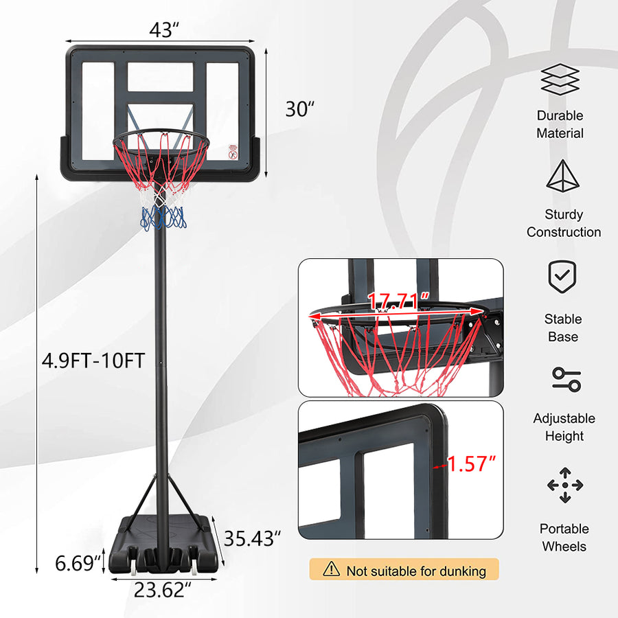 SEGMART Basketball Hoop for Adults Teens Kids, 4.9-10ft Adjustable Basketball Goal with Wheels, Weather-resistant 43 Inch Basketball Backboard, Basketball Rim for Gym Basketball Court Backyard