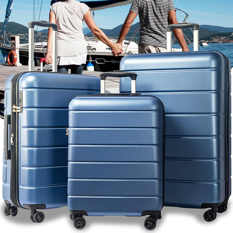 Carry on Luggage Set, 3pcs 20''/24''/28'' Fashion Lightweight Suitcase Travel Sets for Women, 3-in-1 Portable Trolley Case with Telescoping Handle, Outdoor Hardside Luggage Set, Blue, S9351