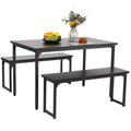 Black Modern 3-Pieces Dining Room Table with Two Benches, 3 Pieces Farmhouse Kitchen Table Set with Metal Frame and MDF Board, Small Dining Table Furniture Set for Home, Cafeteria, LL328