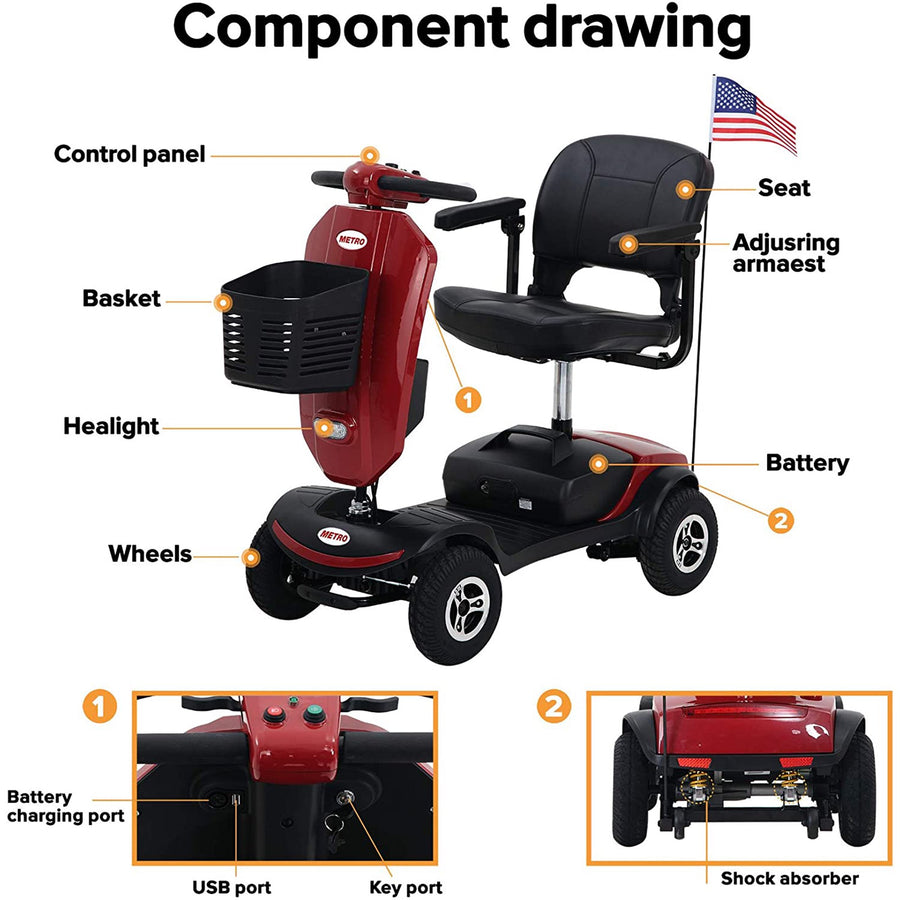 Senior Mobility Scooter, Outdoor Electric Powered Mobility Scooter with The US Flag, Motorized Scooter with Pneumatic Tires, Foldable Tiller with Cup Holder & USB Charging Port, 4.9 mph, Red, SS469